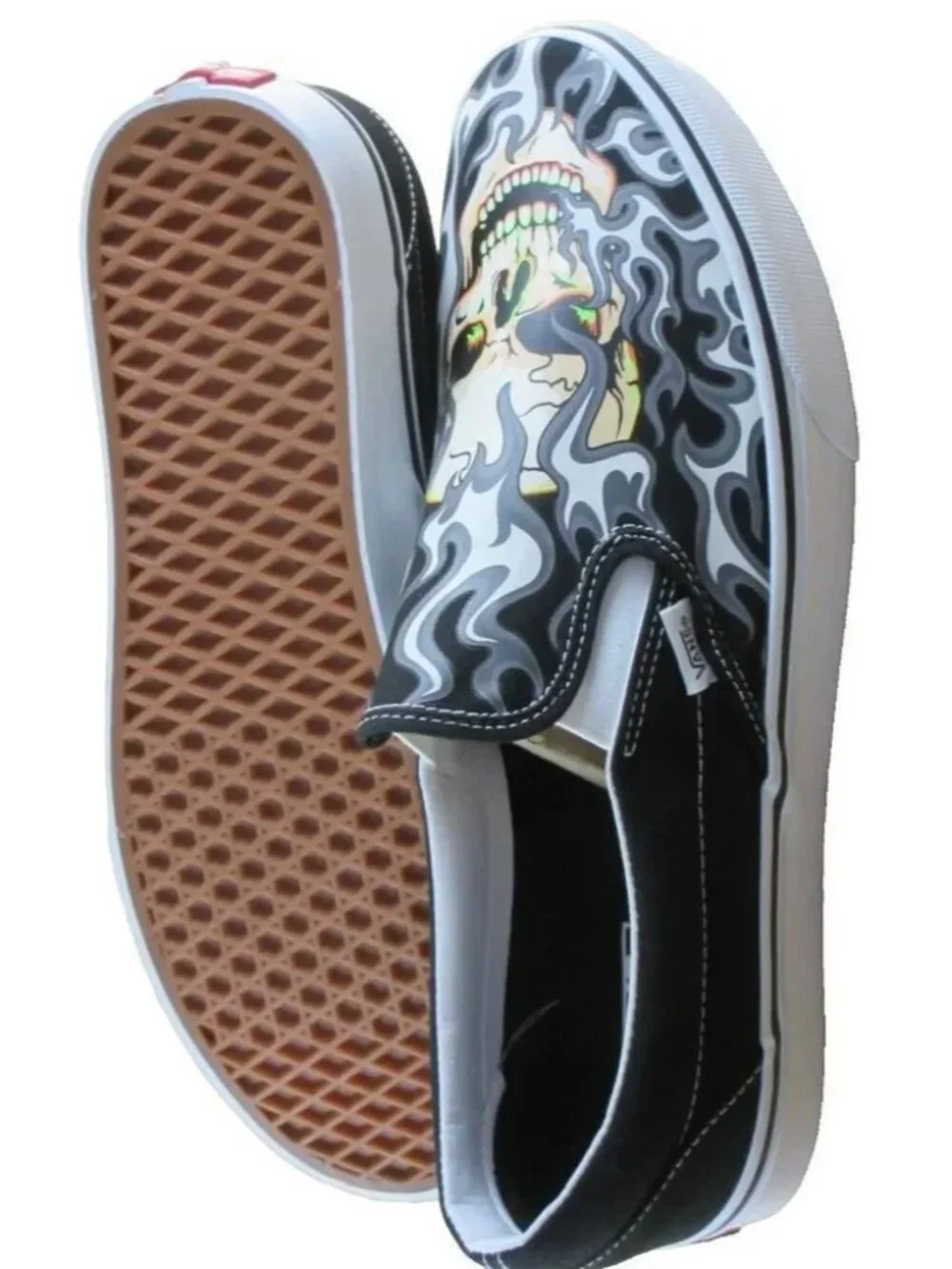 Vans Men's Classic Slip On Flame Skull Black White Canvas Shoes Size 13 NEW